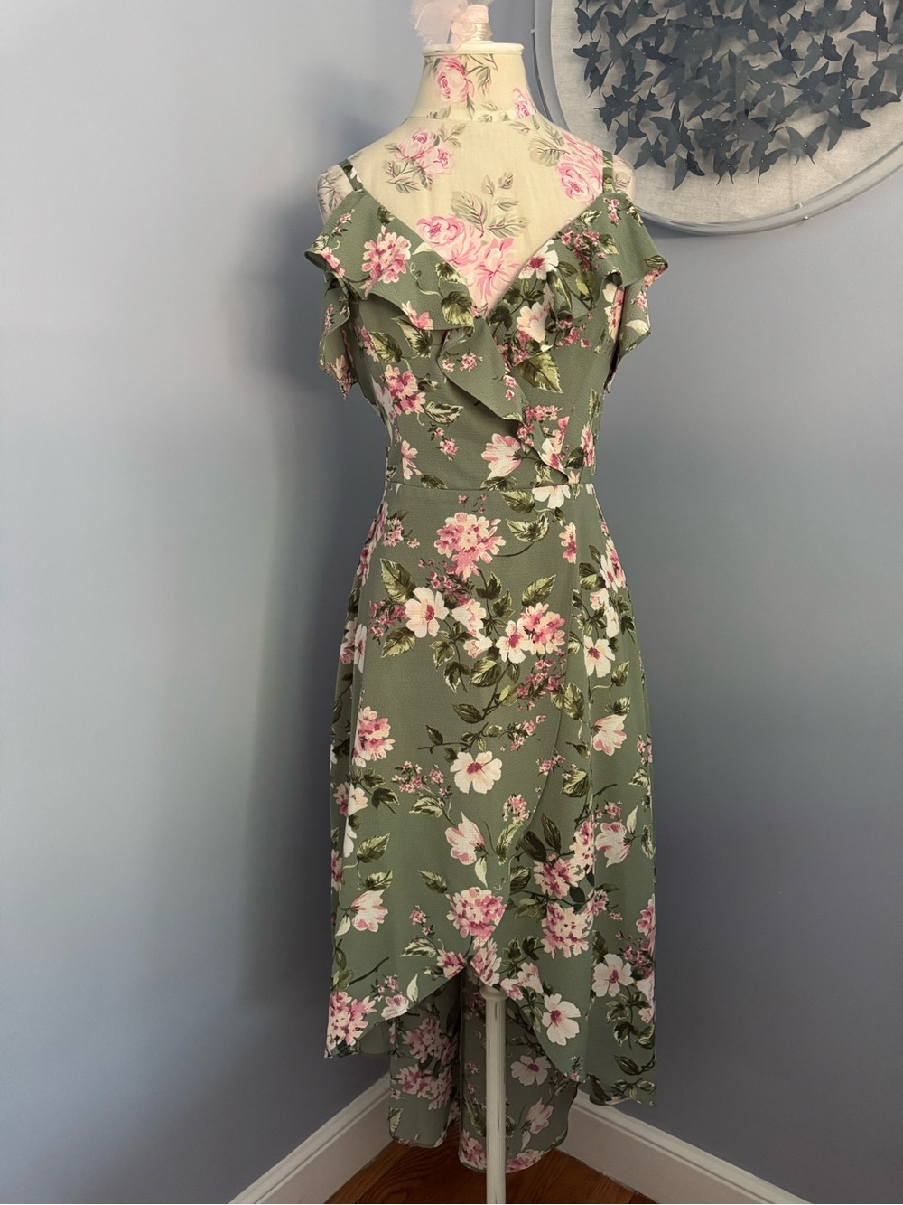 by & by Sage Green Floral Cold-Shoulder High-Low Dress